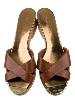 Jimmy Choo Tan Leather Crisscross Wedge Slides